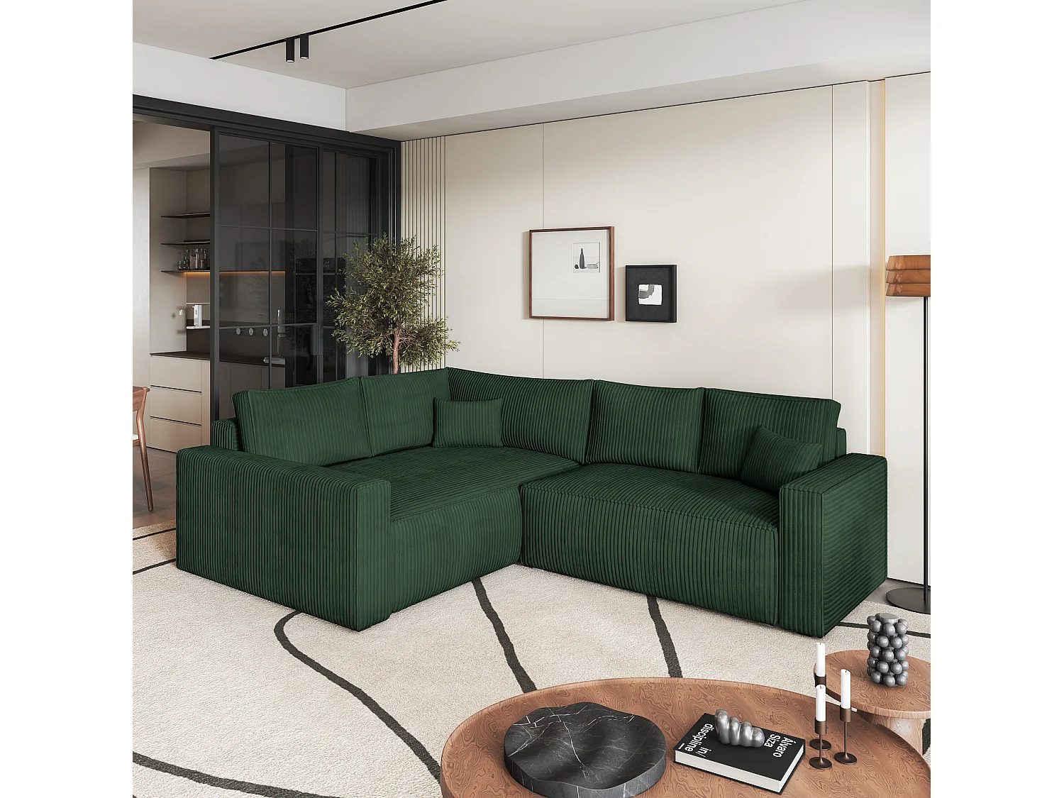 Canapé D'angle Eronis Vert En Velours Côtelé Avec Fonction De Couchage