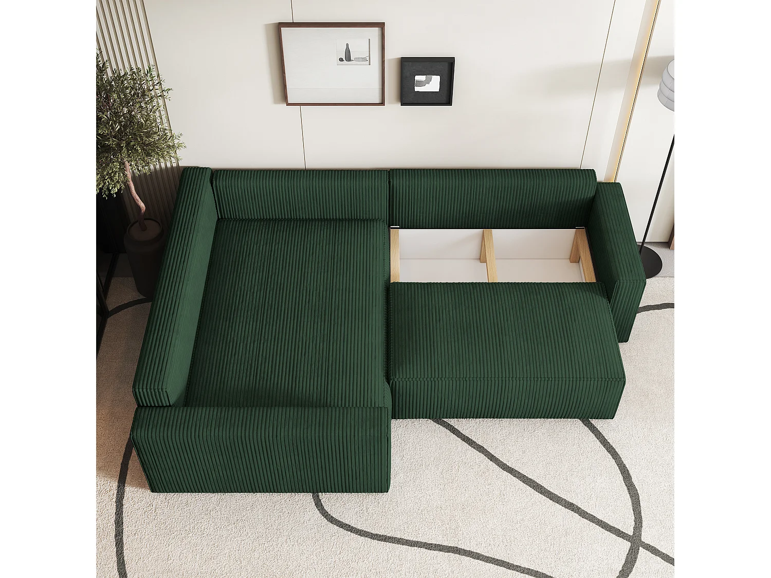 Canapé D'angle Eronis Vert En Velours Côtelé Avec Fonction De Couchage