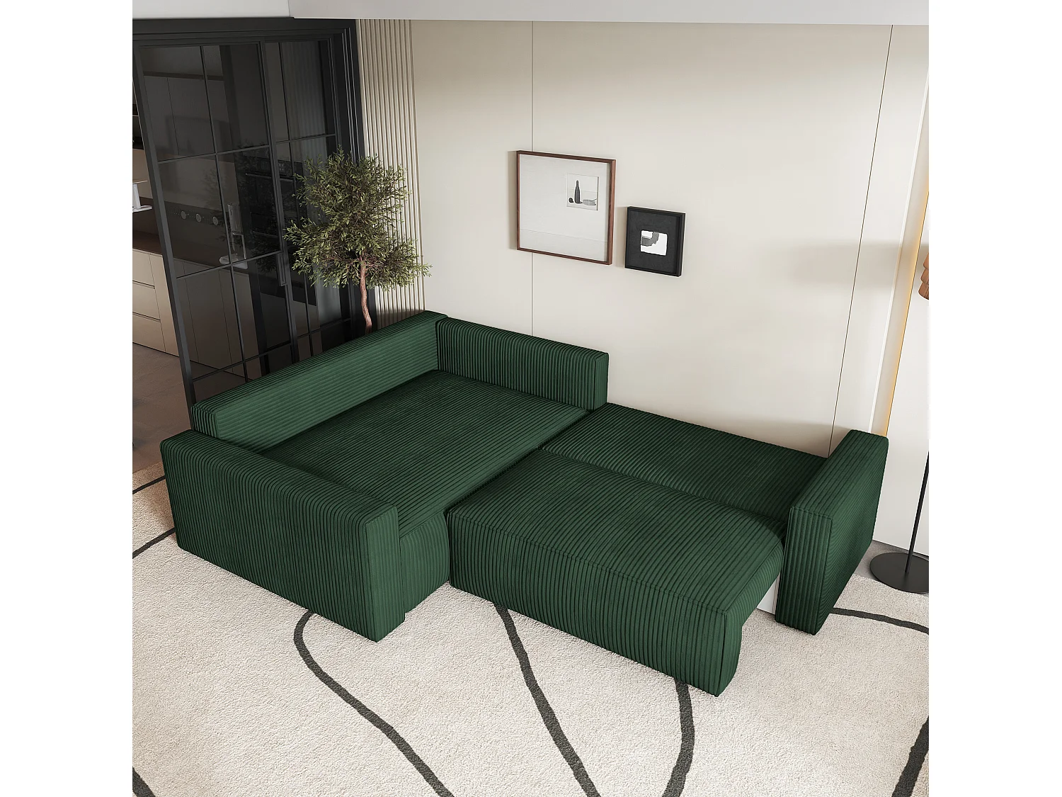 Canapé D'angle Eronis Vert En Velours Côtelé Avec Fonction De Couchage