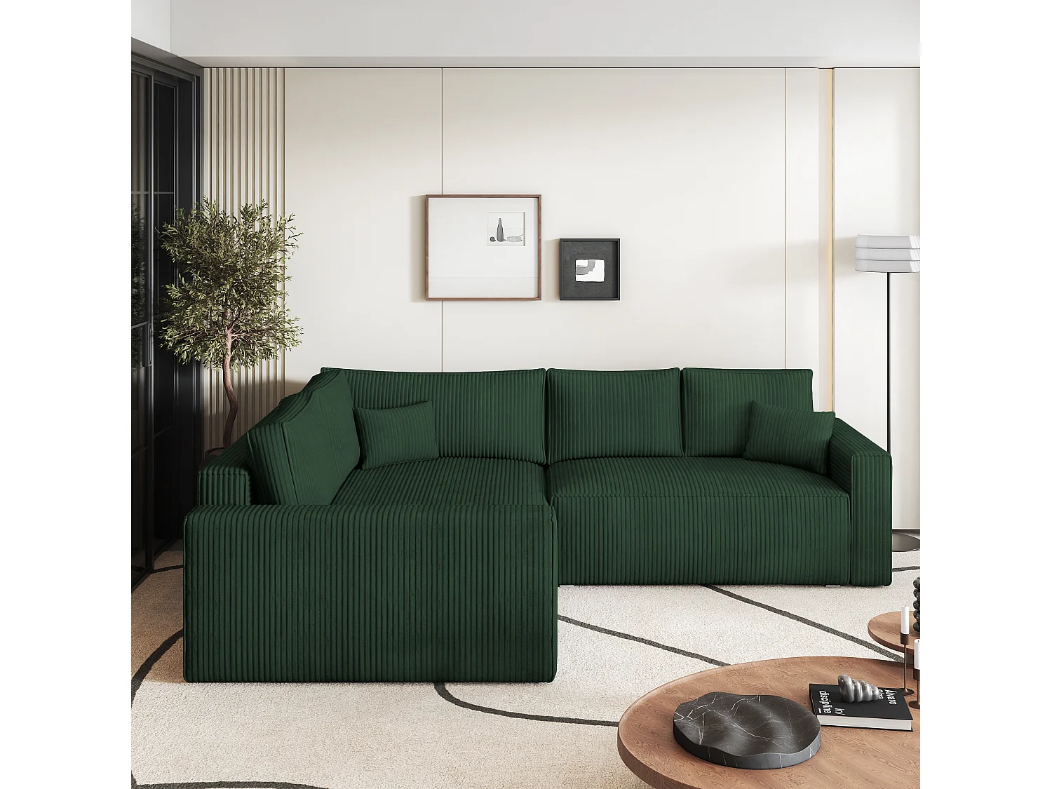 Canapé D'angle Eronis Vert En Velours Côtelé Avec Fonction De Couchage