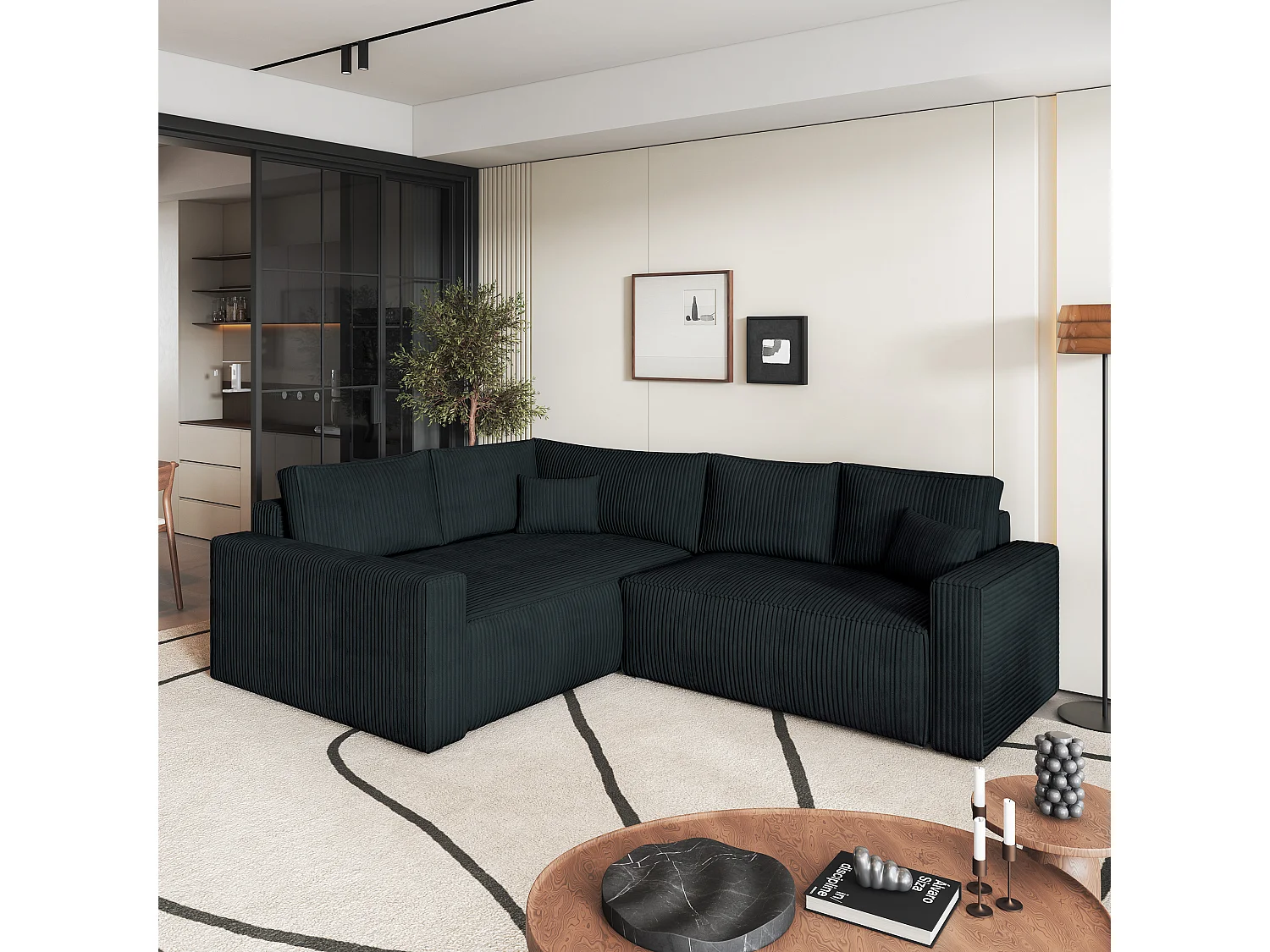 Canapé D'angle Eronis Noir En Velours Côtelé Avec Fonction De Couchage