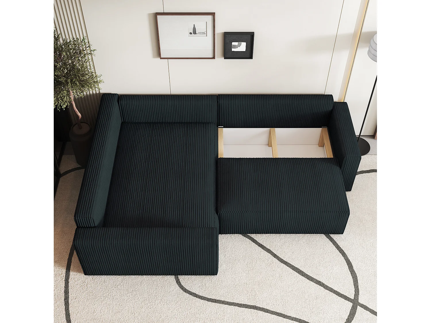 Canapé D'angle Eronis Noir En Velours Côtelé Avec Fonction De Couchage