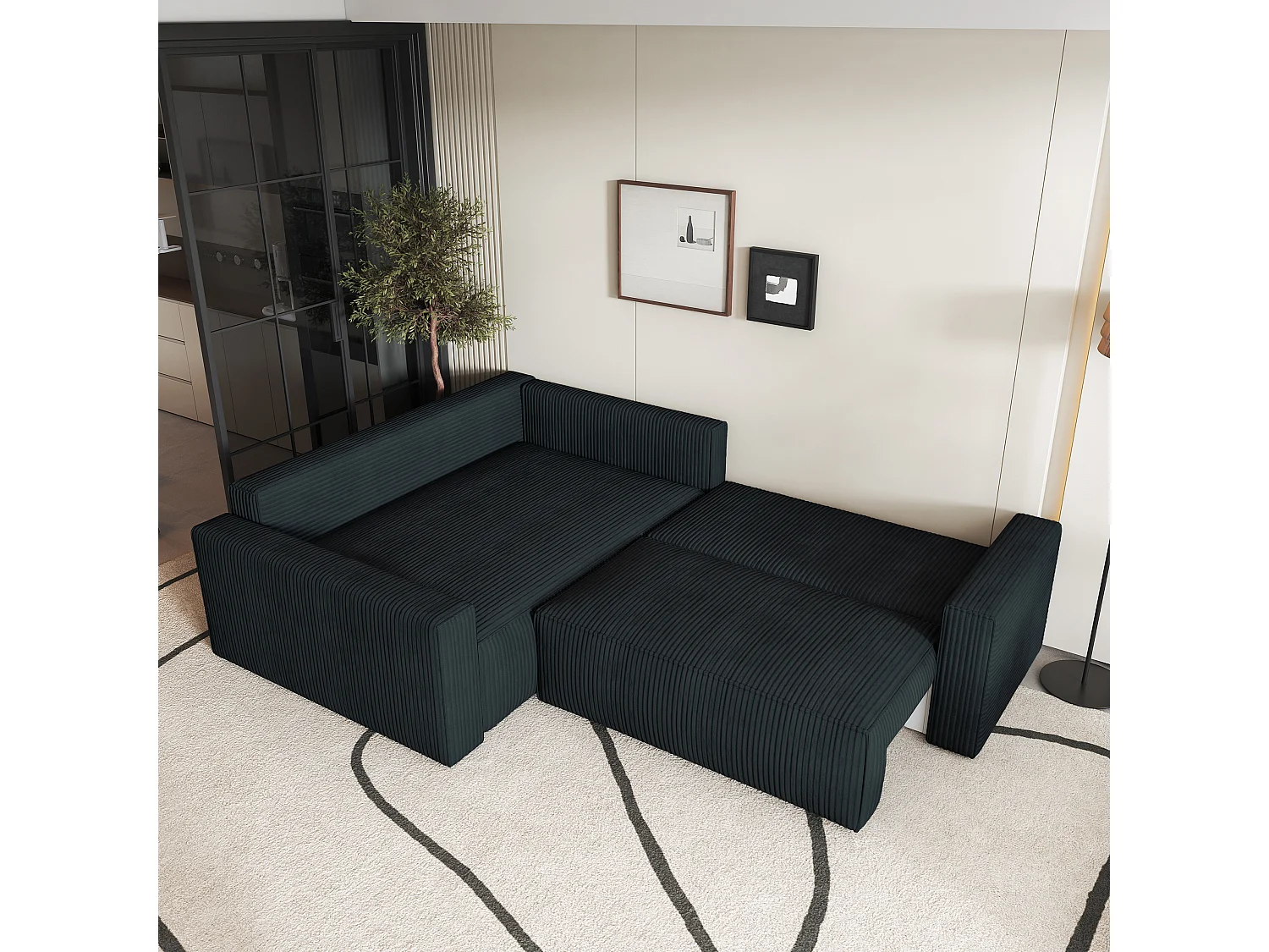 Canapé D'angle Eronis Noir En Velours Côtelé Avec Fonction De Couchage