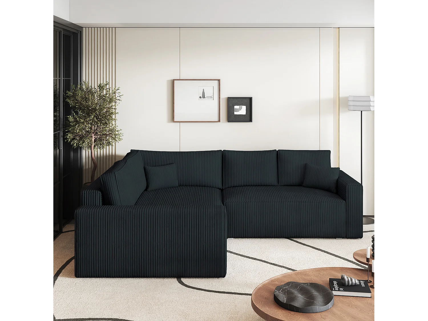 Canapé D'angle Eronis Noir En Velours Côtelé Avec Fonction De Couchage