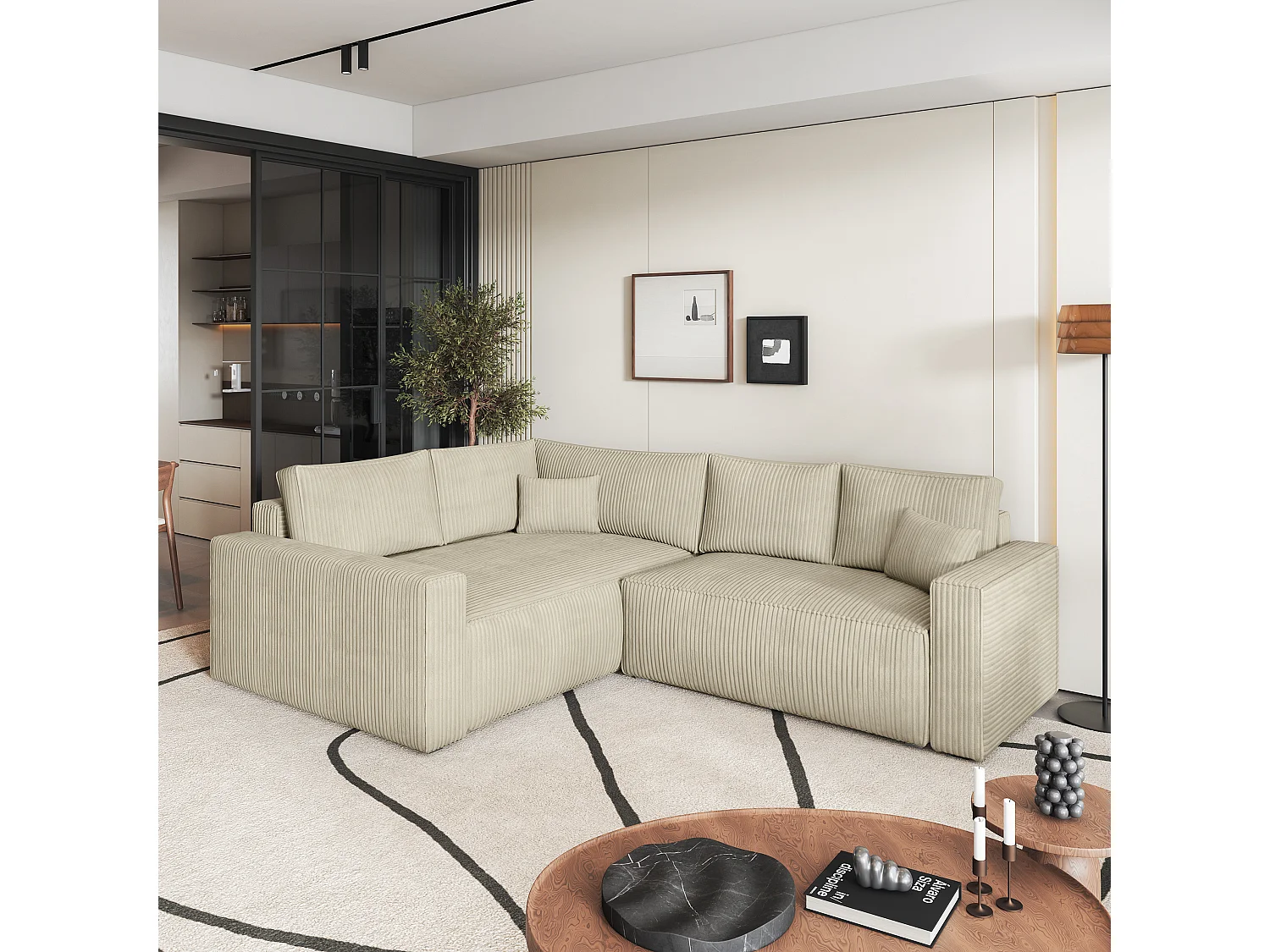 Canapé D'angle Eronis Crème En Velours Côtelé Avec Fonction De Couchage