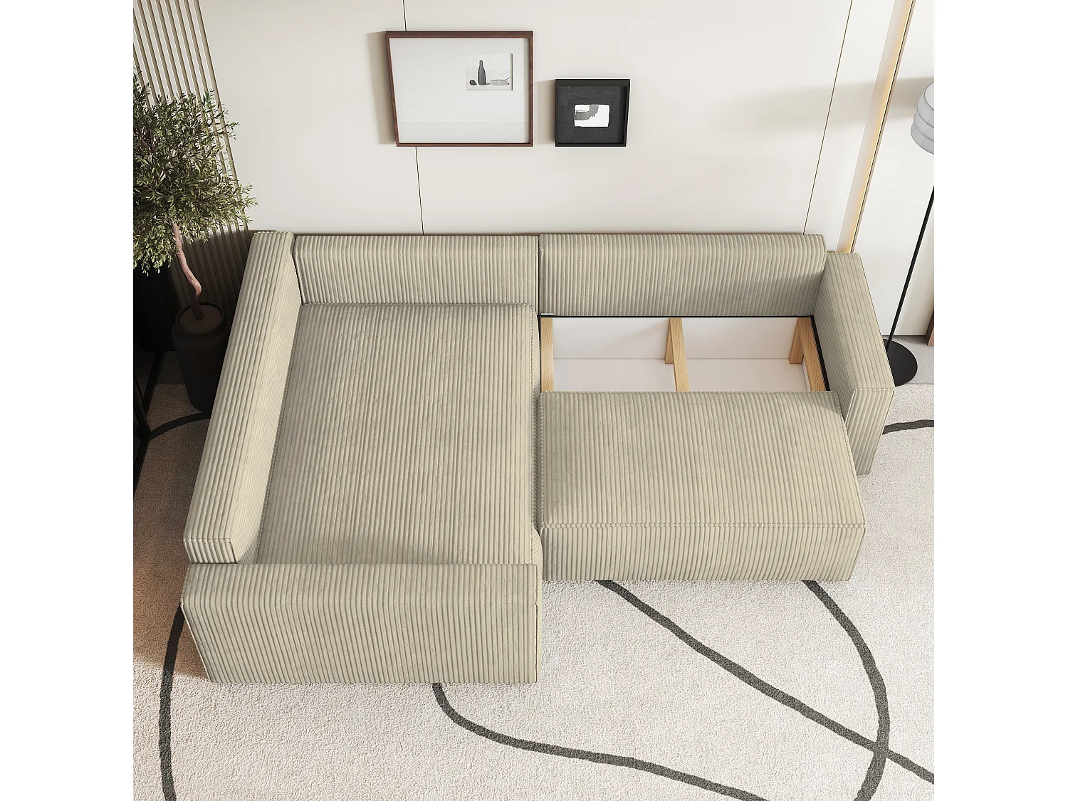 Canapé D'angle Eronis Crème En Velours Côtelé Avec Fonction De Couchage