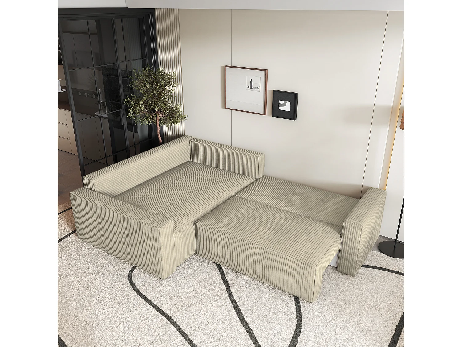 Canapé D'angle Eronis Crème En Velours Côtelé Avec Fonction De Couchage