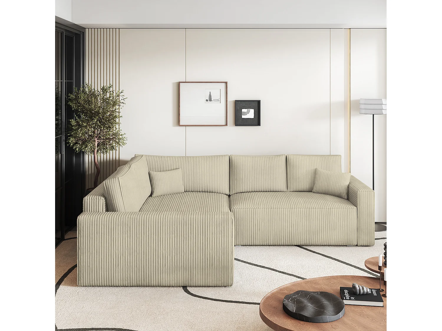 Canapé D'angle Eronis Crème En Velours Côtelé Avec Fonction De Couchage