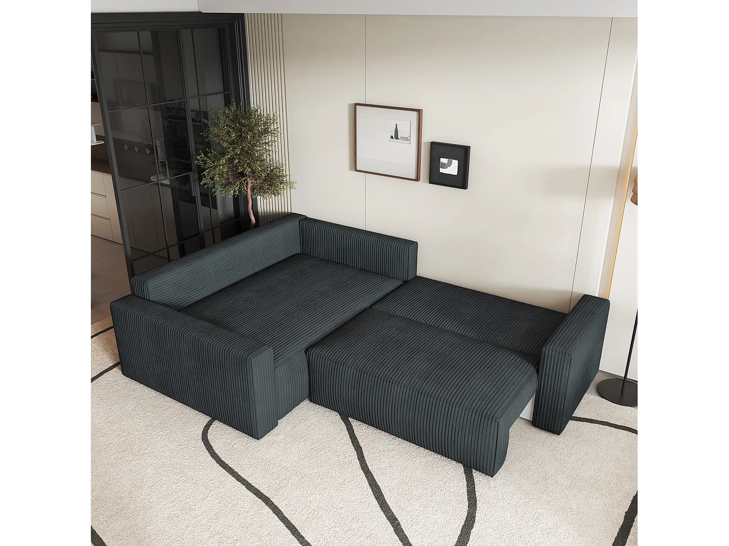 Canapé D'angle Eronis Gris En Velours Côtelé Avec Fonction De Couchage