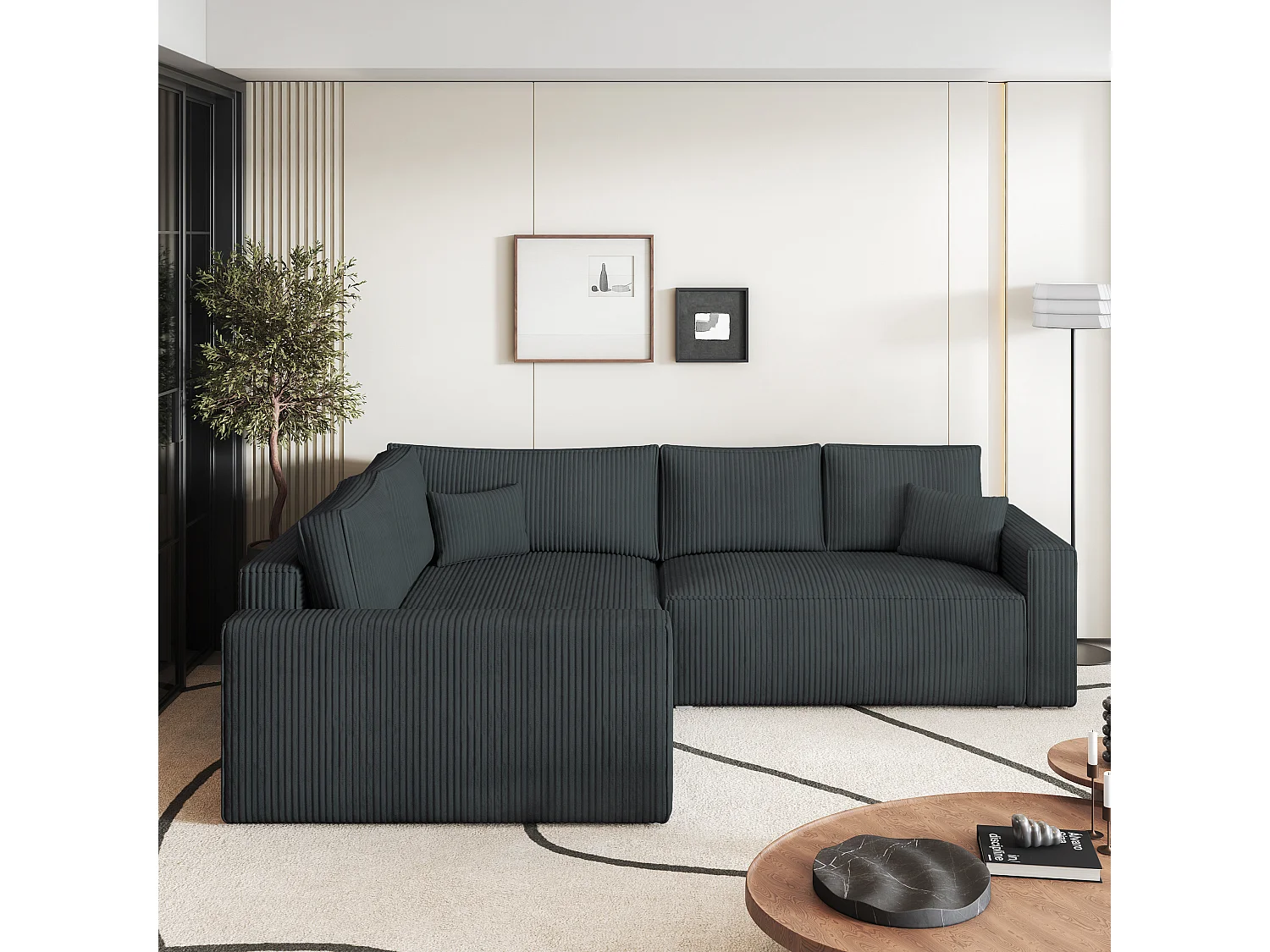 Canapé D'angle Eronis Gris En Velours Côtelé Avec Fonction De Couchage