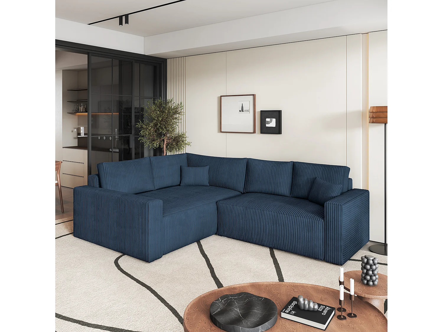 Canapé D'angle Eronis Bleu En Velours Côtelé Avec Fonction De Couchage