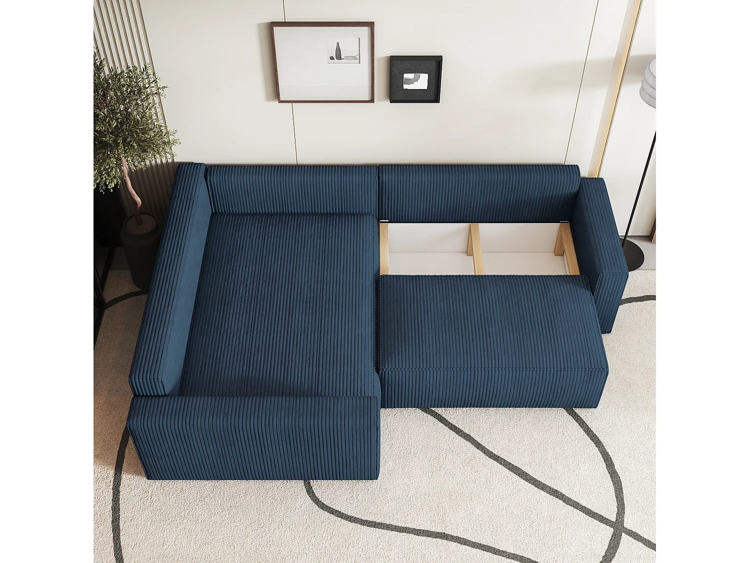 Canapé D'angle Eronis Bleu En Velours Côtelé Avec Fonction De Couchage