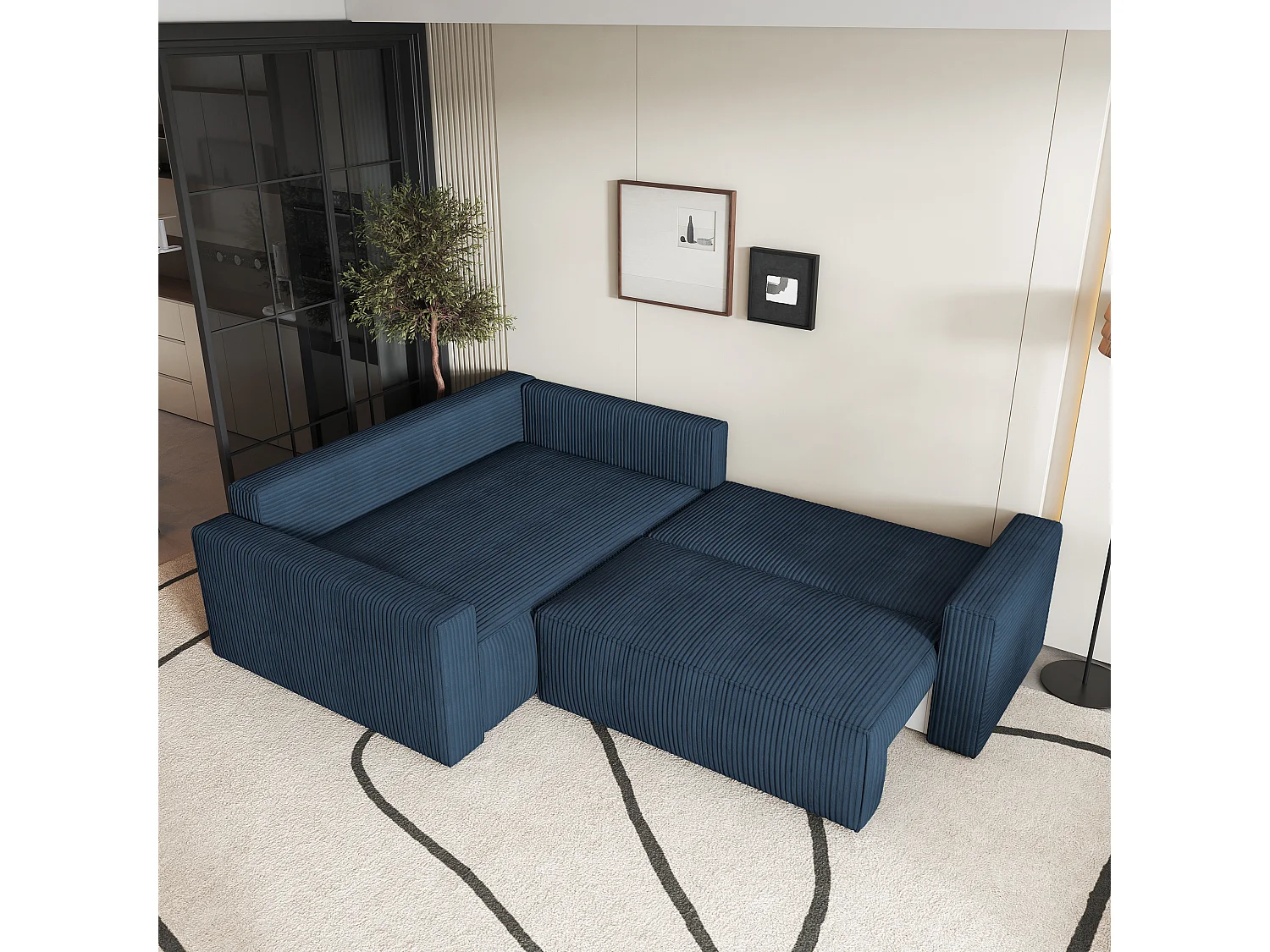 Canapé D'angle Eronis Bleu En Velours Côtelé Avec Fonction De Couchage