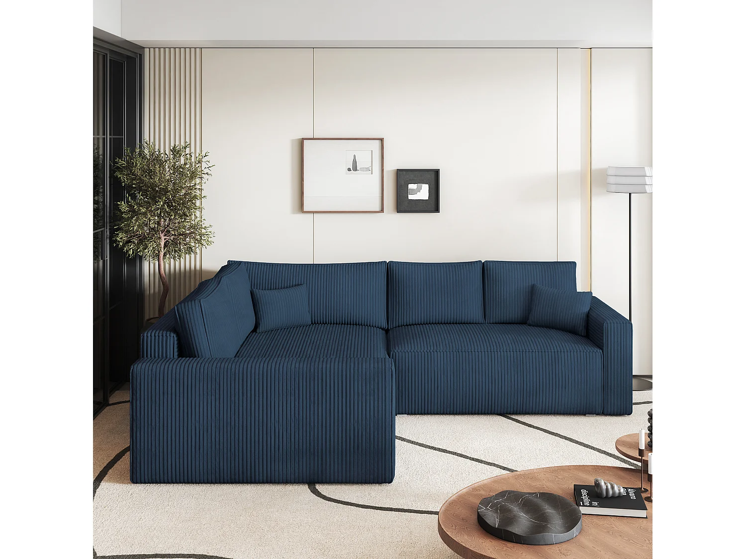 Canapé D'angle Eronis Bleu En Velours Côtelé Avec Fonction De Couchage