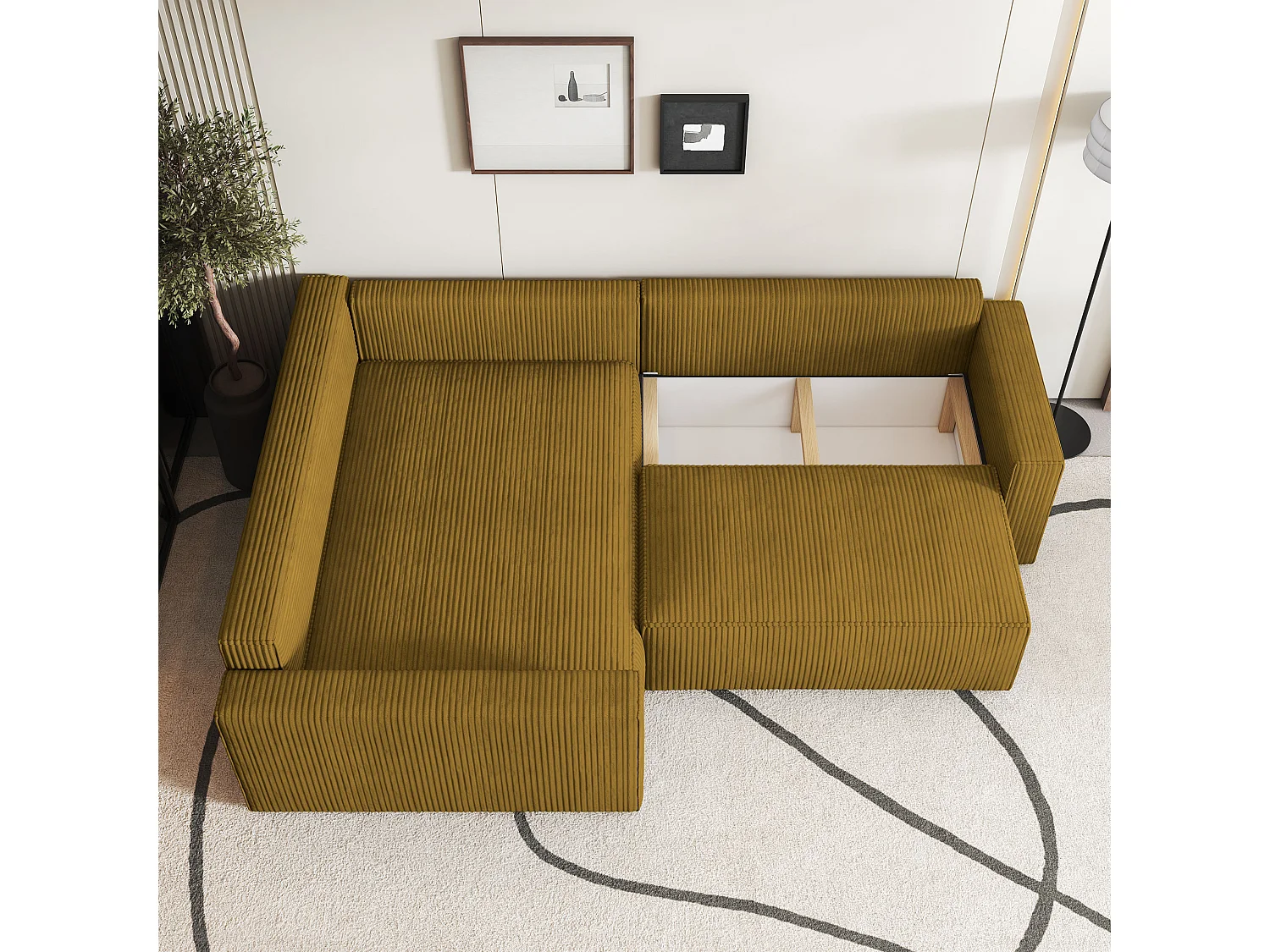 Canapé D'angle Eronis Jaune En Velours Côtelé Avec Fonction De Couchage