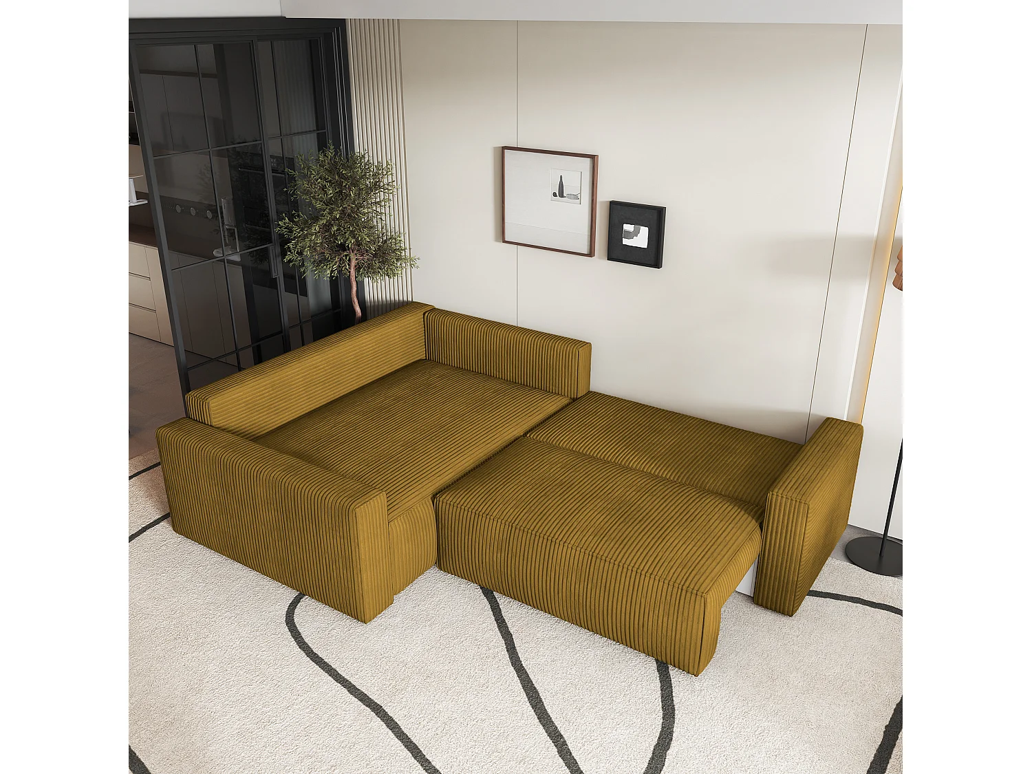 Canapé D'angle Eronis Jaune En Velours Côtelé Avec Fonction De Couchage