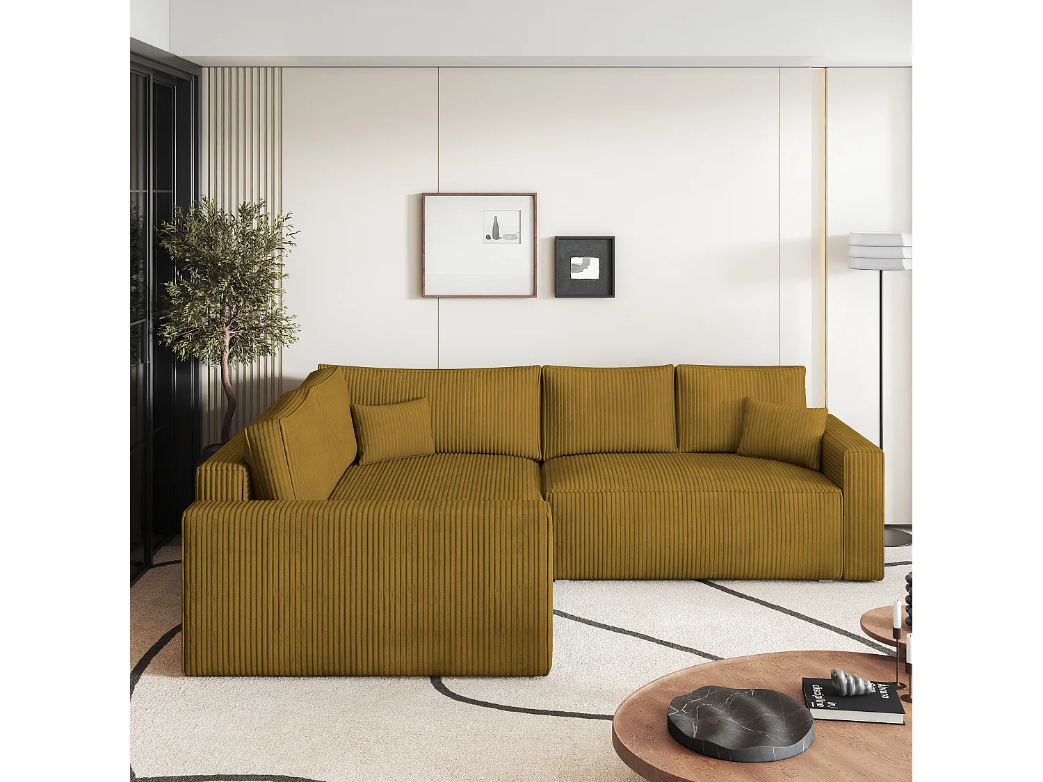 Canapé D'angle Eronis Jaune En Velours Côtelé Avec Fonction De Couchage