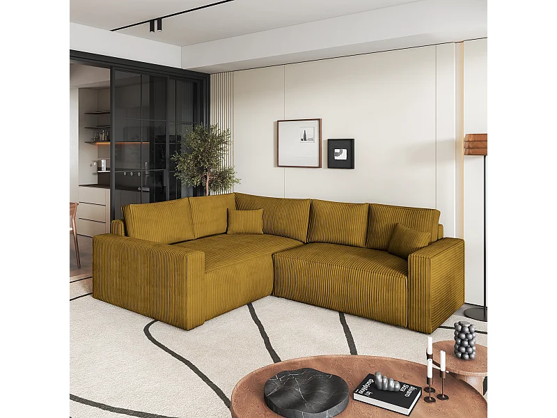 Canapé D'angle Eronis Jaune En Velours Côtelé Avec Fonction De Couchage