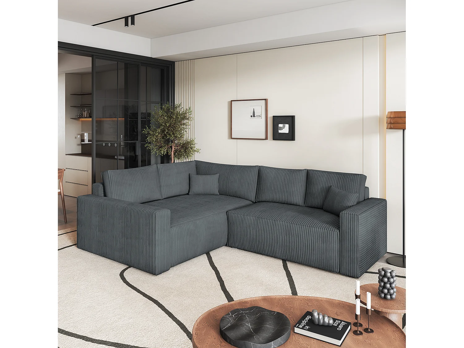 Canapé D'angle Eronis Gris En Velours Côtelé Avec Fonction De Couchage