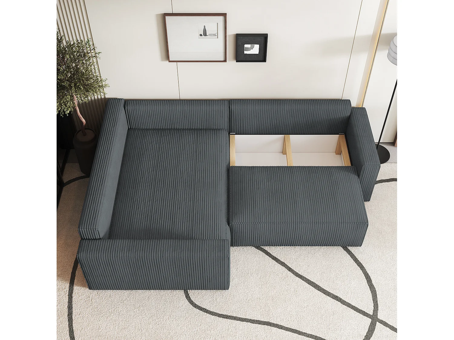 Canapé D'angle Eronis Gris En Velours Côtelé Avec Fonction De Couchage