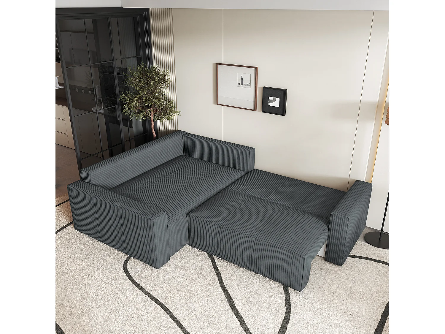 Canapé D'angle Eronis Gris En Velours Côtelé Avec Fonction De Couchage