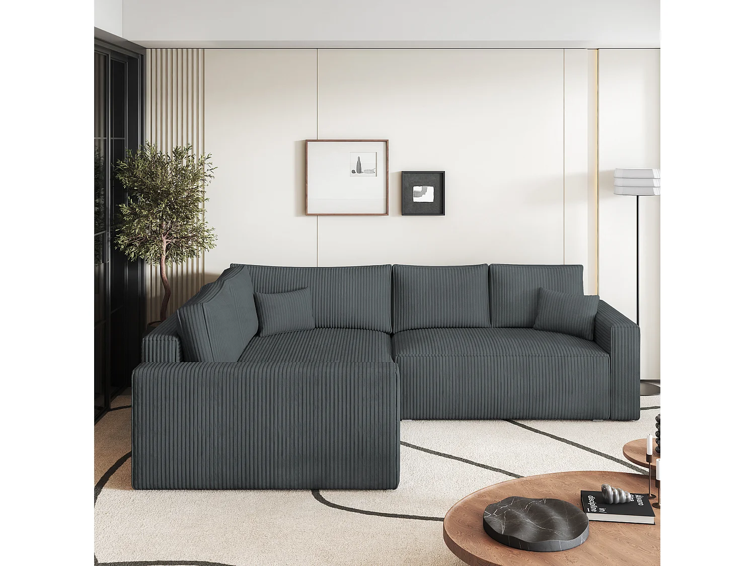 Canapé D'angle Eronis Gris En Velours Côtelé Avec Fonction De Couchage