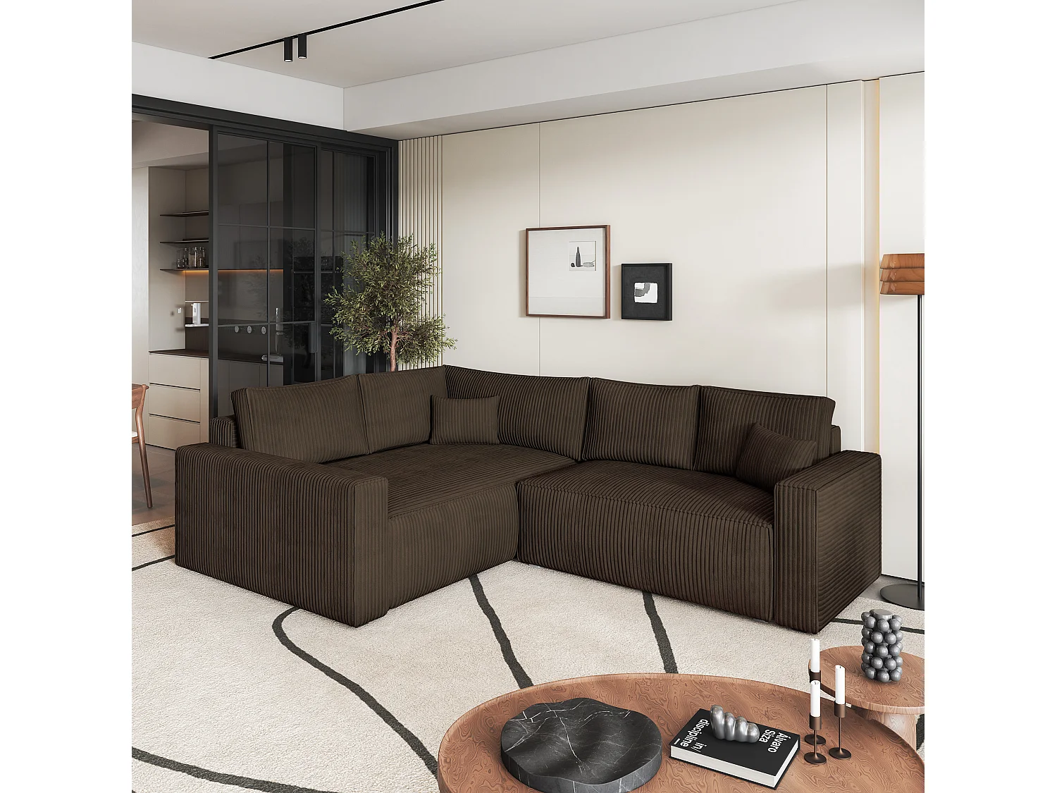 Canapé D'angle Eronis Marron En Velours Côtelé Avec Fonction De Couchage