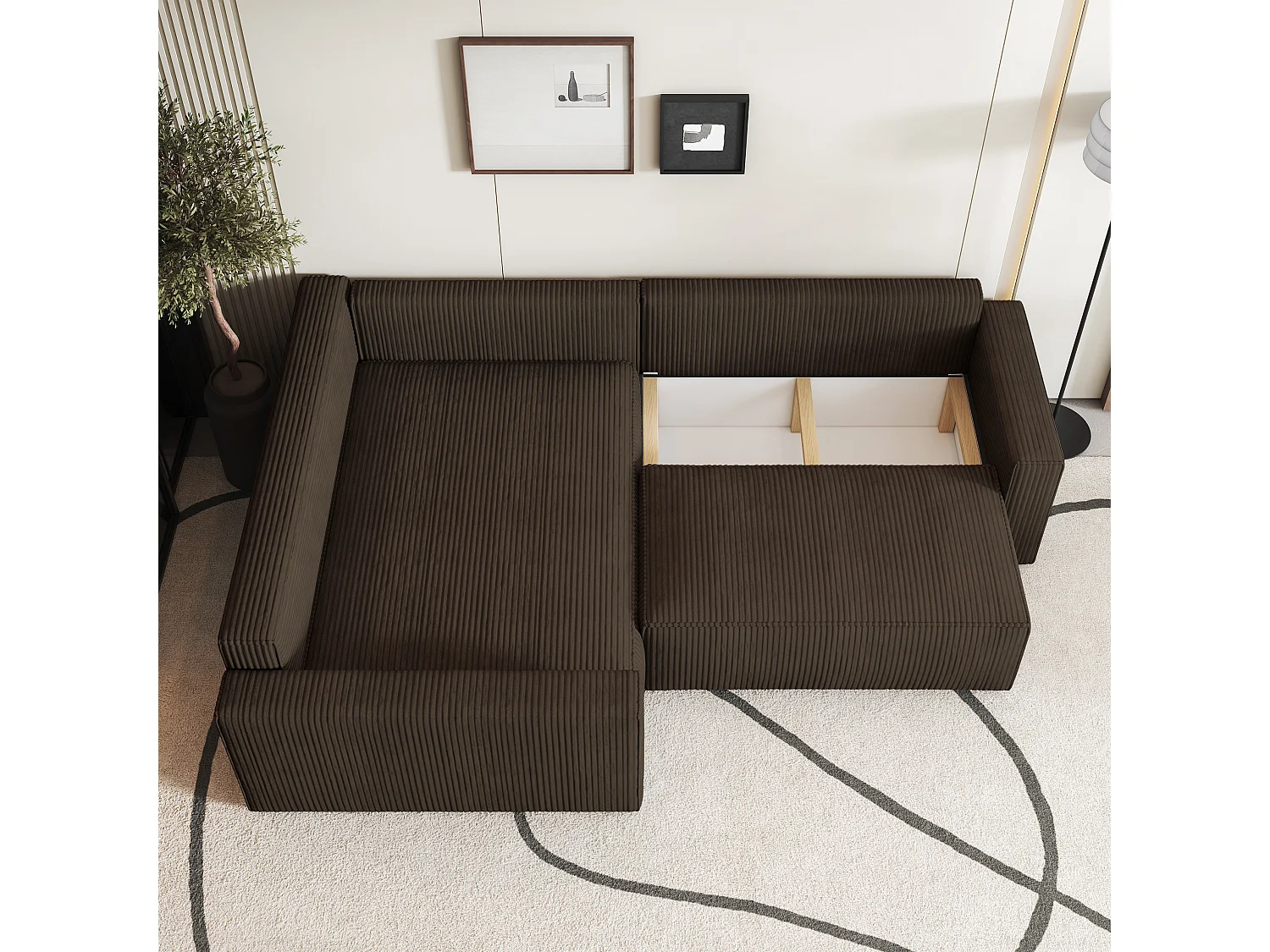 Canapé D'angle Eronis Marron En Velours Côtelé Avec Fonction De Couchage