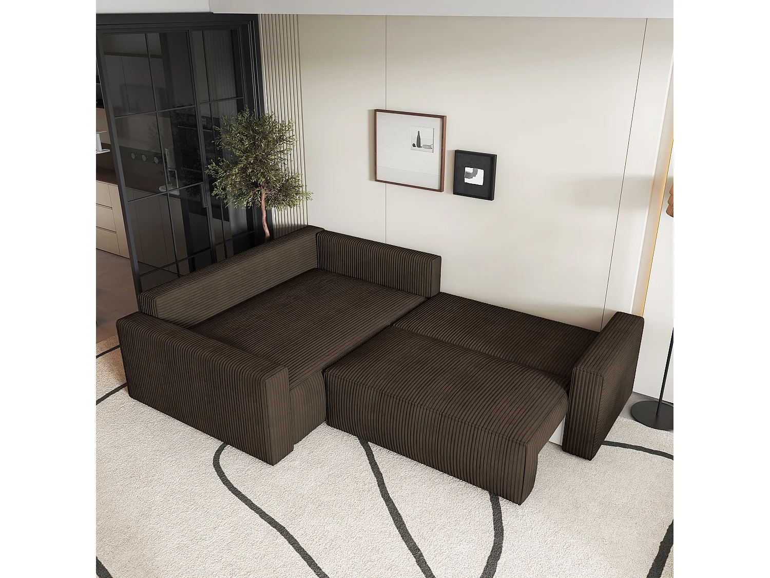 Canapé D'angle Eronis Marron En Velours Côtelé Avec Fonction De Couchage