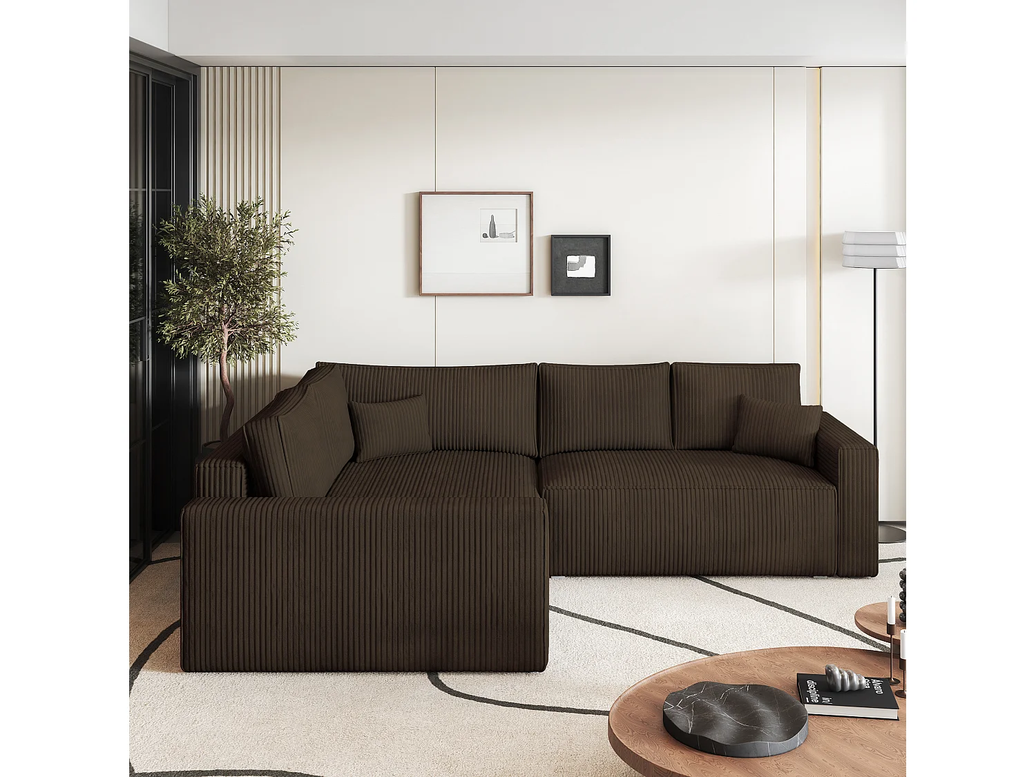 Canapé D'angle Eronis Marron En Velours Côtelé Avec Fonction De Couchage