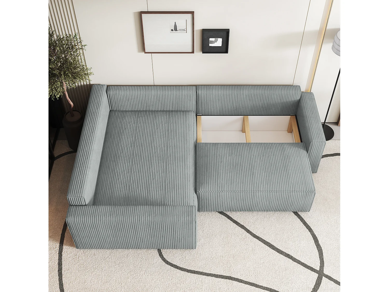 Hoekbank ERONIS van fluweel met slaapfunctie Hellgrau