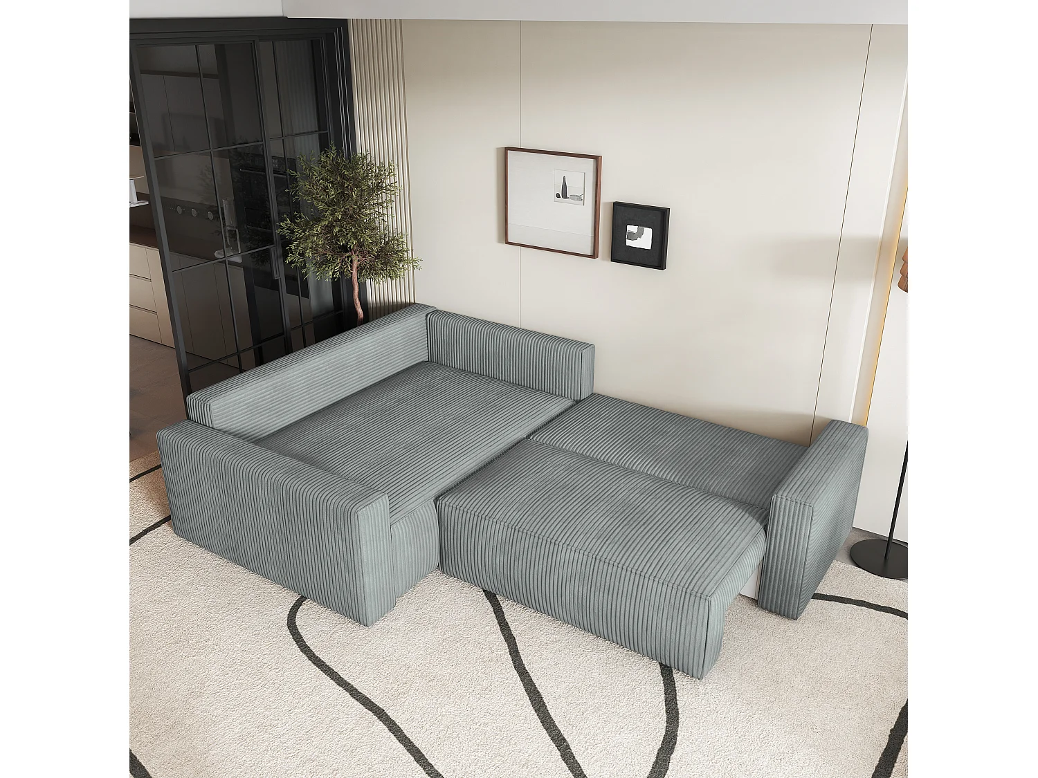 Canapé D'angle Eronis Gris Clair En Velours Côtelé Avec Fonction De Couchage