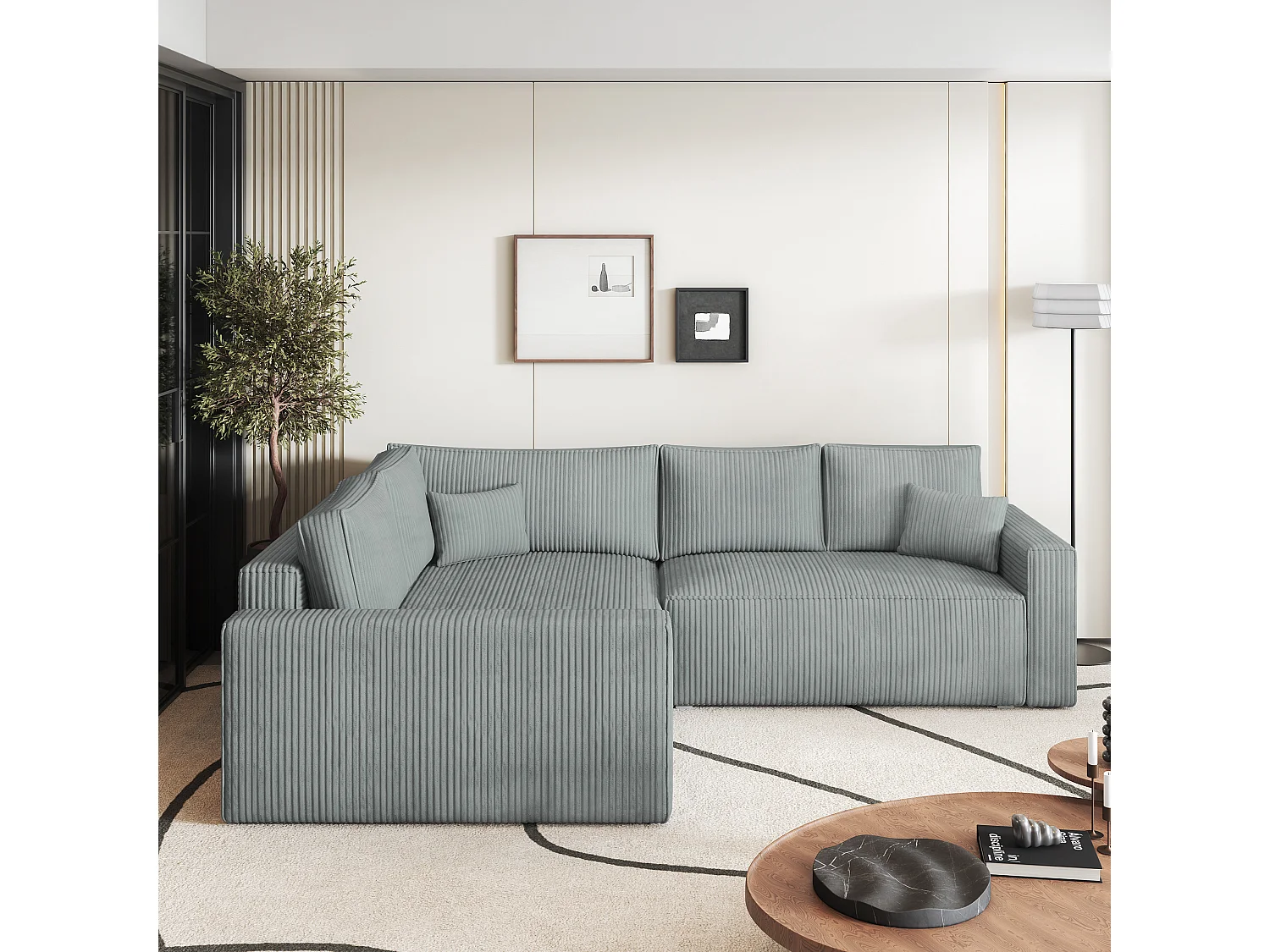 Canapé D'angle Eronis Gris Clair En Velours Côtelé Avec Fonction De Couchage