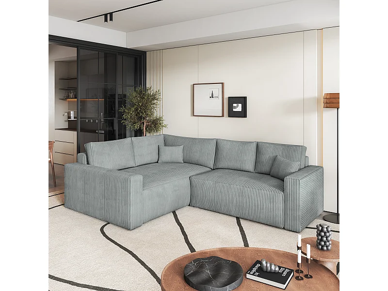 Canapé D'angle Eronis Gris Clair En Velours Côtelé Avec Fonction De Couchage