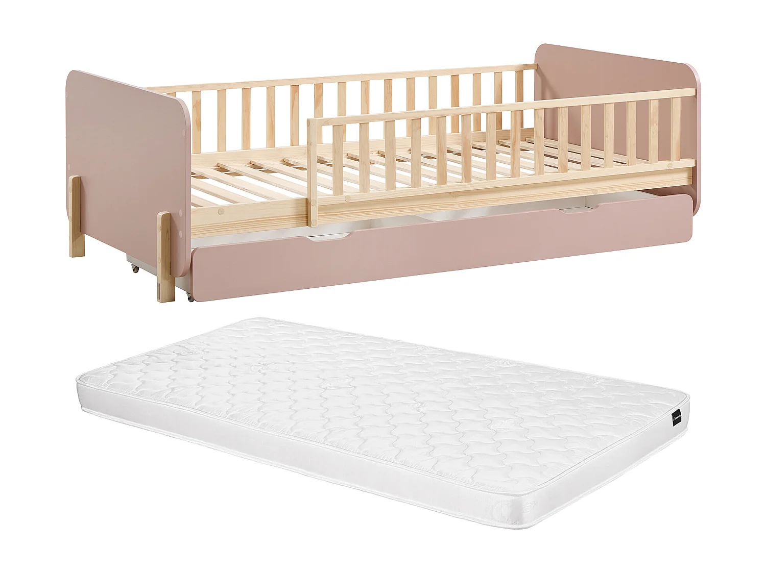 Lit 90 x 190 cm avec tiroir - Pin et MDF - Coloris : Naturel et rose + Matelas - LADEMI