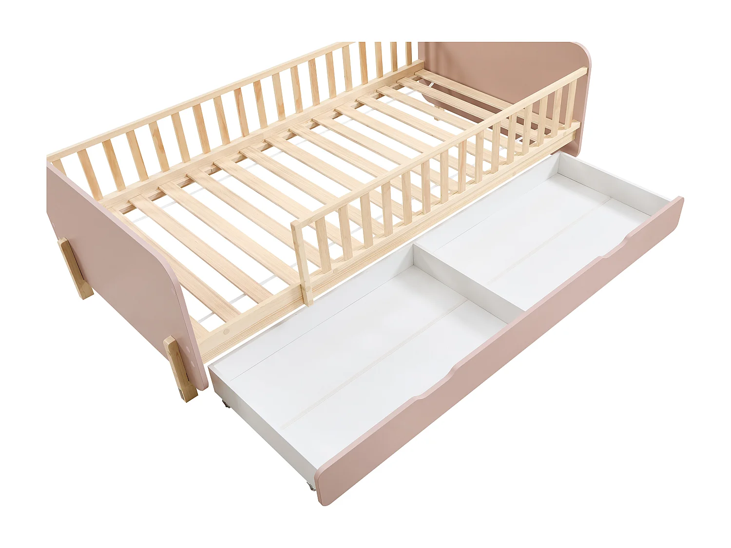Lit 90 x 190 cm avec tiroir - Pin et MDF - Coloris : Naturel et rose + Matelas - LADEMI