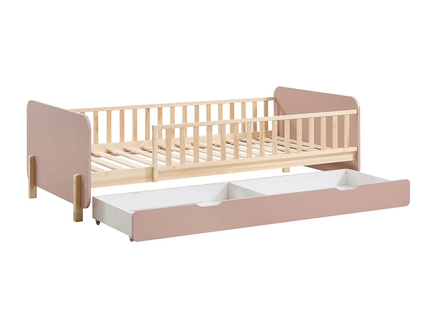 Lit 90 x 190 cm avec tiroir - Pin et MDF - Coloris : Naturel et rose + Matelas - LADEMI
