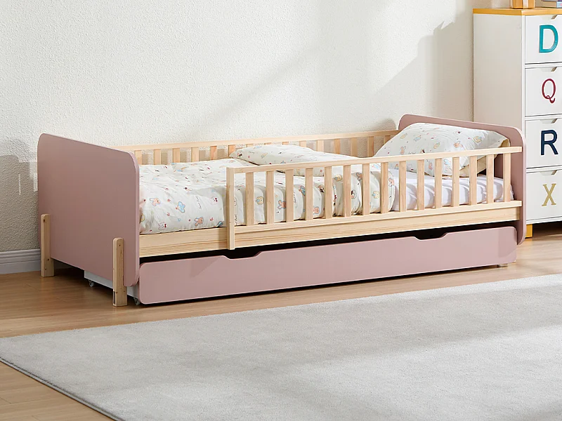 Lit 90 x 190 cm avec tiroir - Pin et MDF - Coloris : Naturel et rose + Matelas - LADEMI