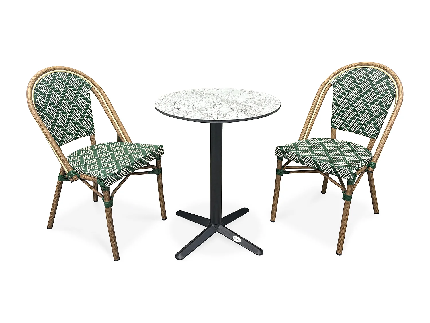 Ensemble repas de jardin 2 places en acier et plateau rond en HPL - BISTRO