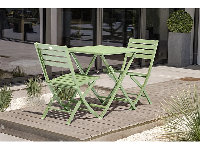 Ensemble repas de jardin 2 places en aluminium vert lagune