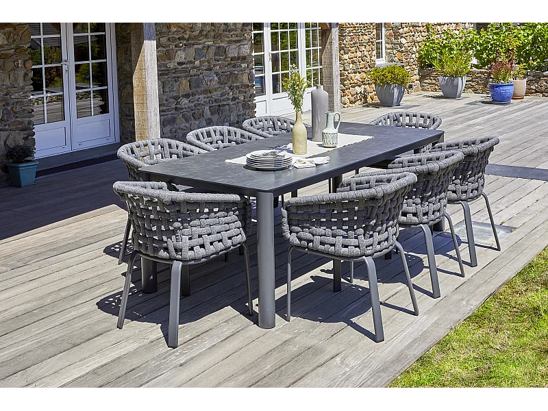 Ensemble repas de jardin 8 pl en alu plateau céramique sur verre