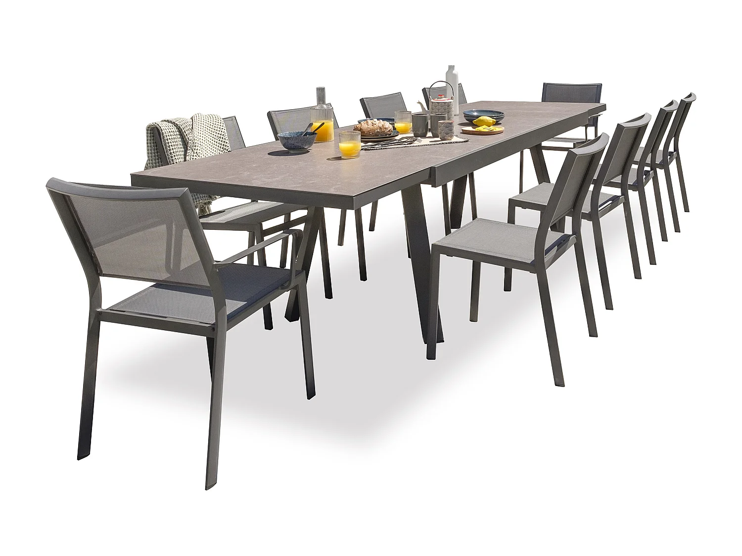 Ensemble repas de jardin 10 places en céramique sur verre