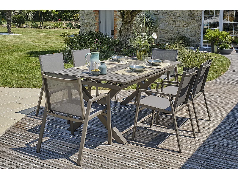 Ensemble repas de jardin 6 places en aluminium quartz