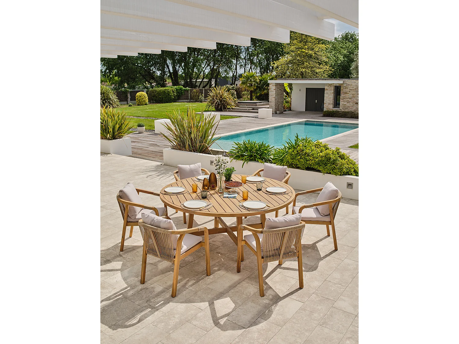 Conjunto de jantar de jardim com 6 lugares em madeira de acácia