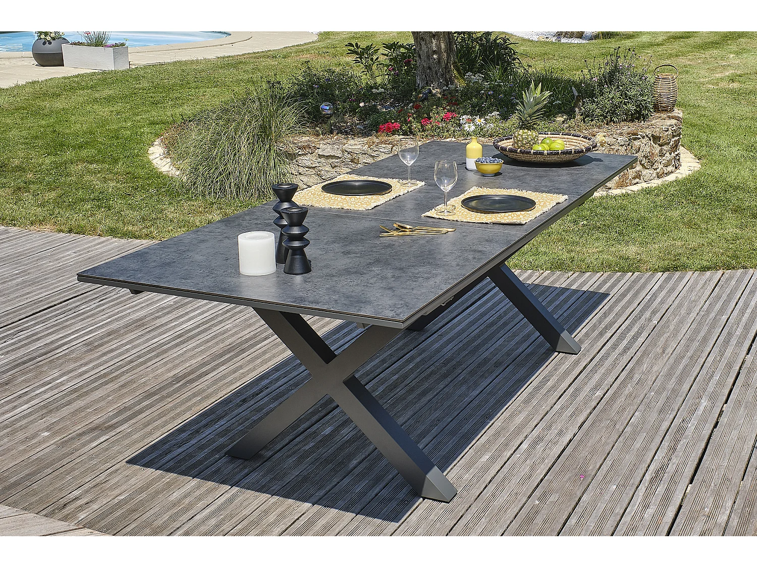 Ensemble repas de jardin 6 pl plateau céramique sur verre