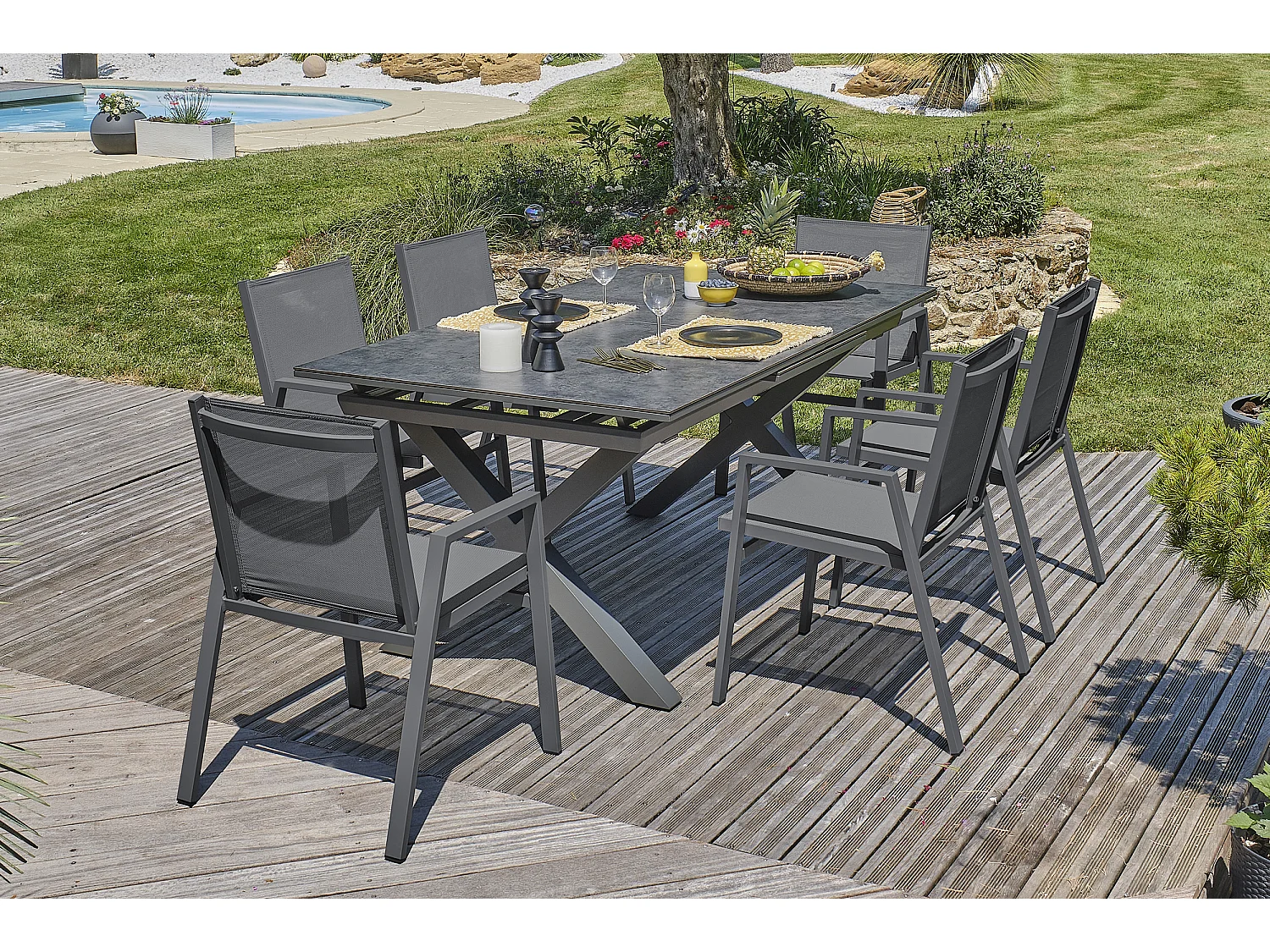 Conjunto de jantar de jardim com 6 lugares com tampo de cerâmica sobre vidro