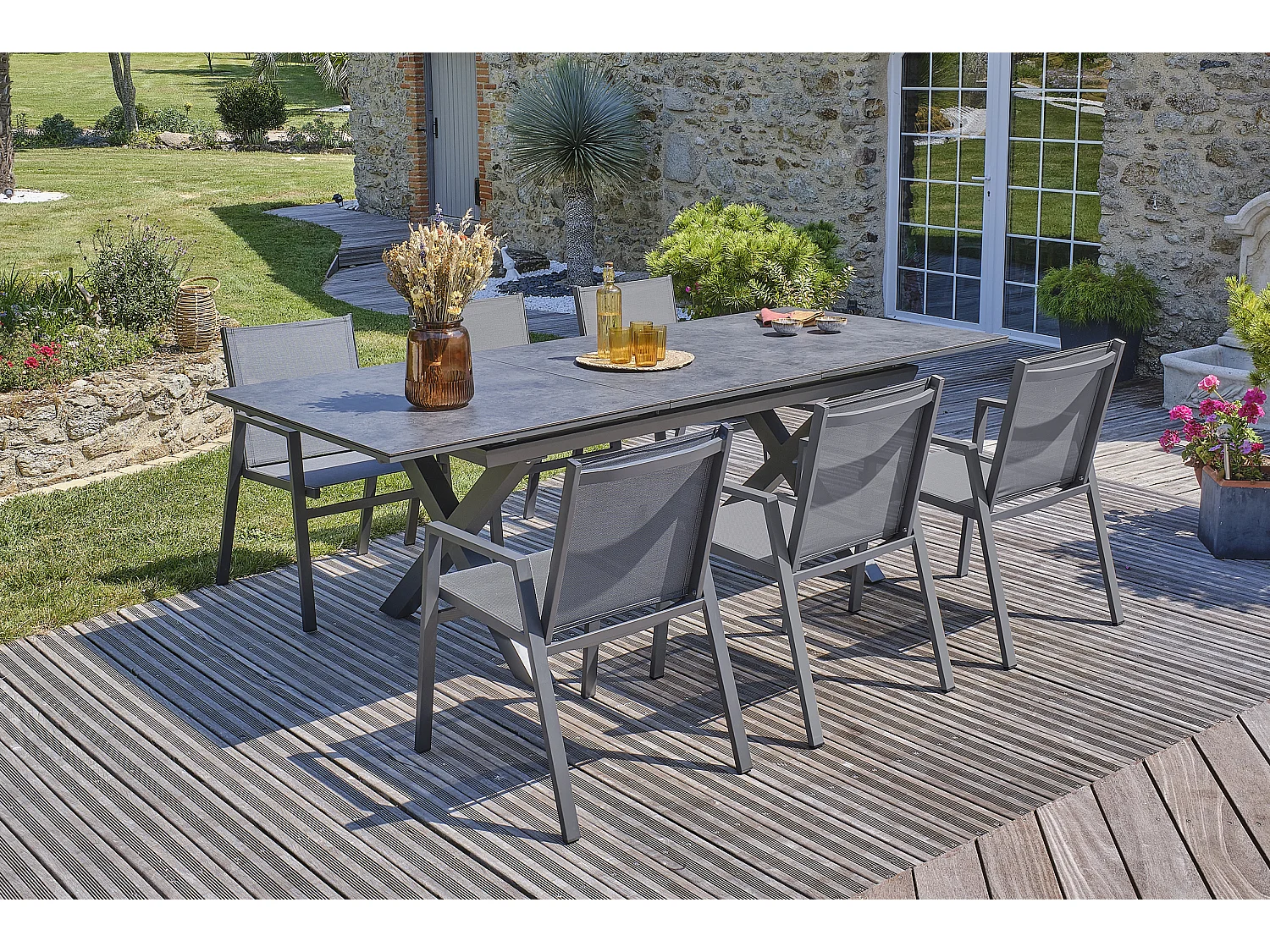 Conjunto de jantar de jardim com 6 lugares com tampo de cerâmica sobre vidro