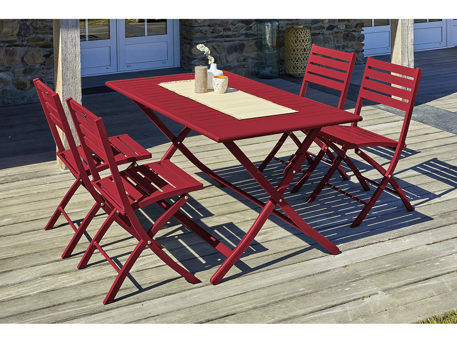 Ensemble repas de jardin 4 places en aluminium rouge carmin