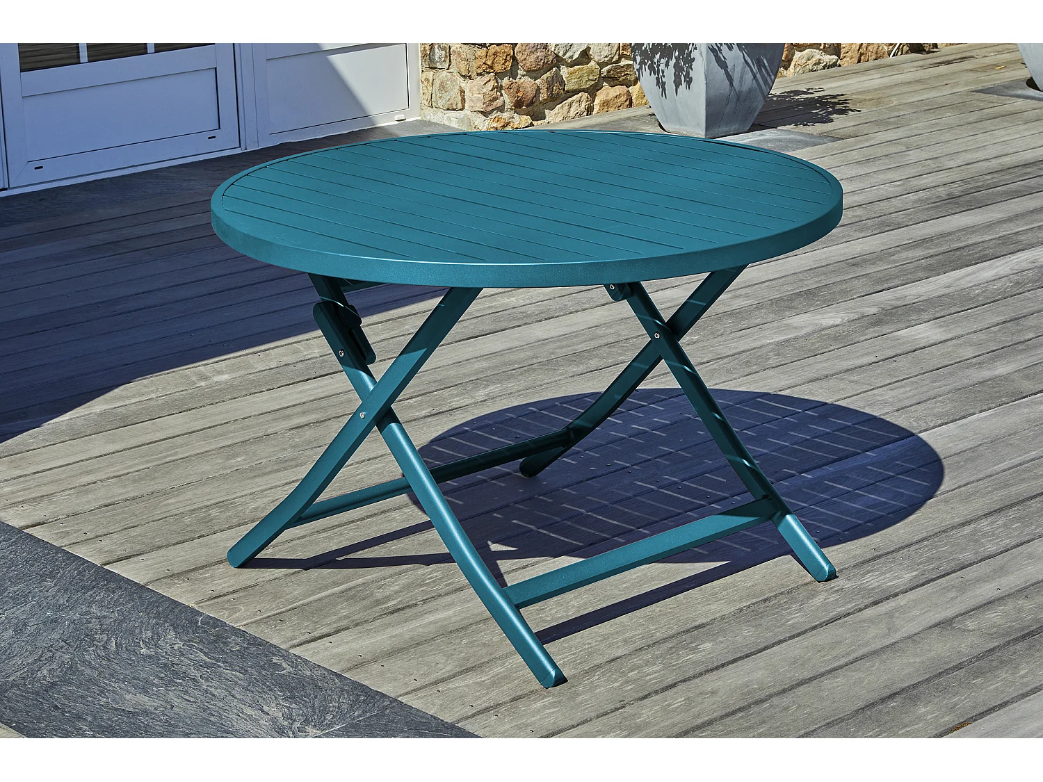 Ensemble repas de jardin 4 places en aluminium bleu canard