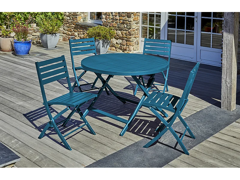 Ensemble repas de jardin 4 places en aluminium bleu canard
